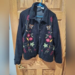 VTG White Stag Size L Black  Floral Embroidered Knit Cardigan Jacket